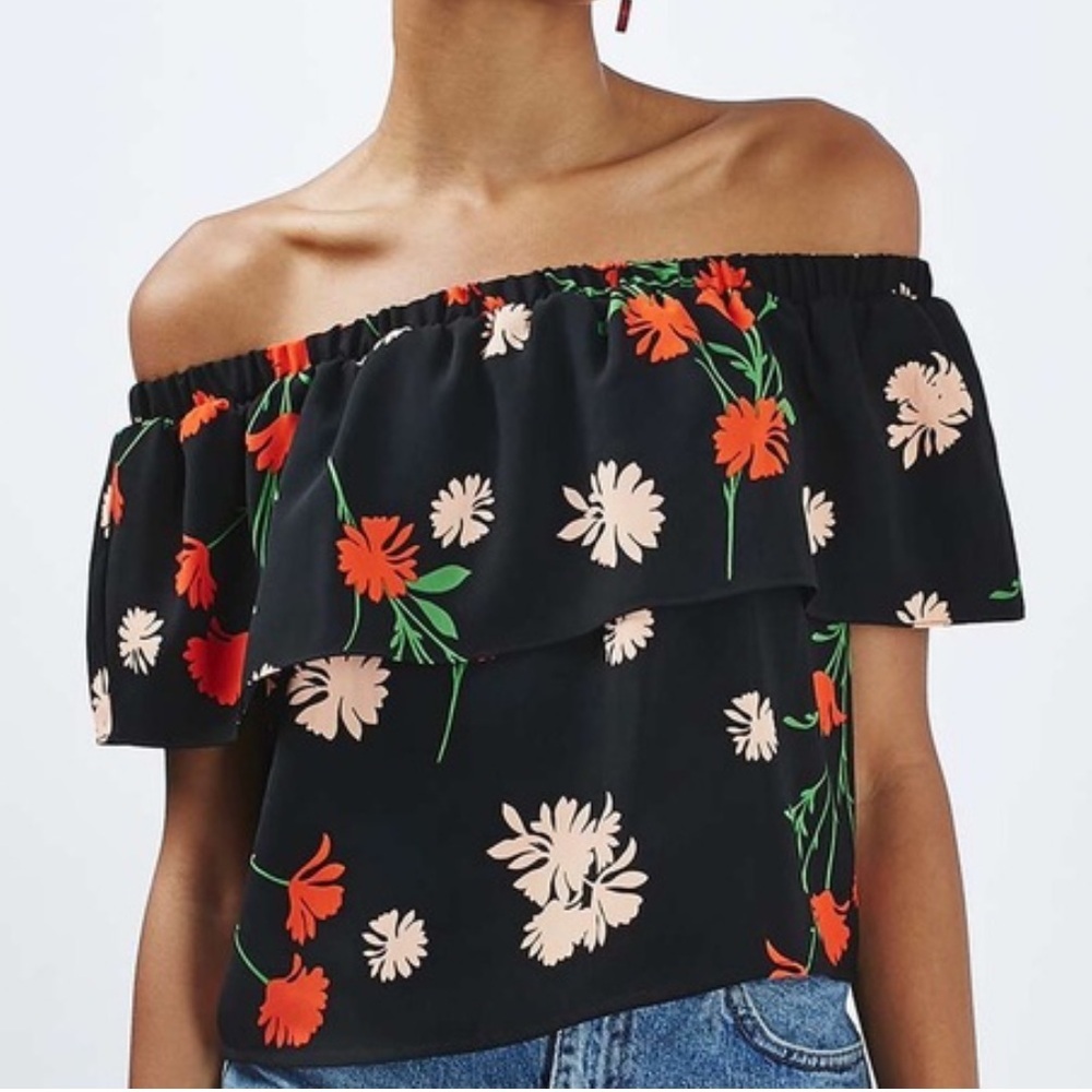 Topshop black off-the-shoulder floral crop top